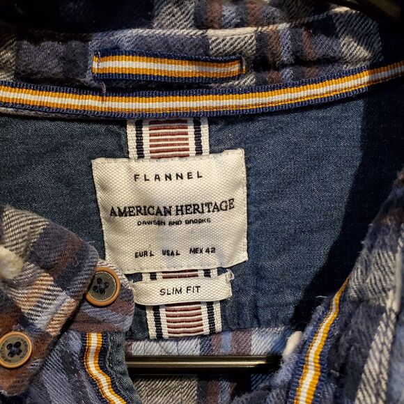 American Heritage Flannel Shirt Mens Large Slim Fit Button Down Plaid Blue Brown - Picture 7 of 10